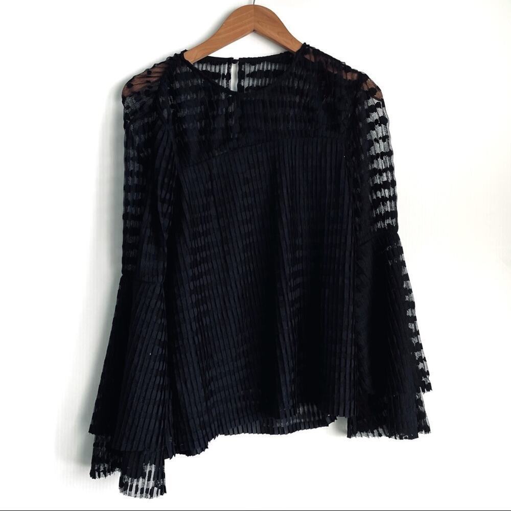 Moon River black sheer mesh textured bell sleeve top